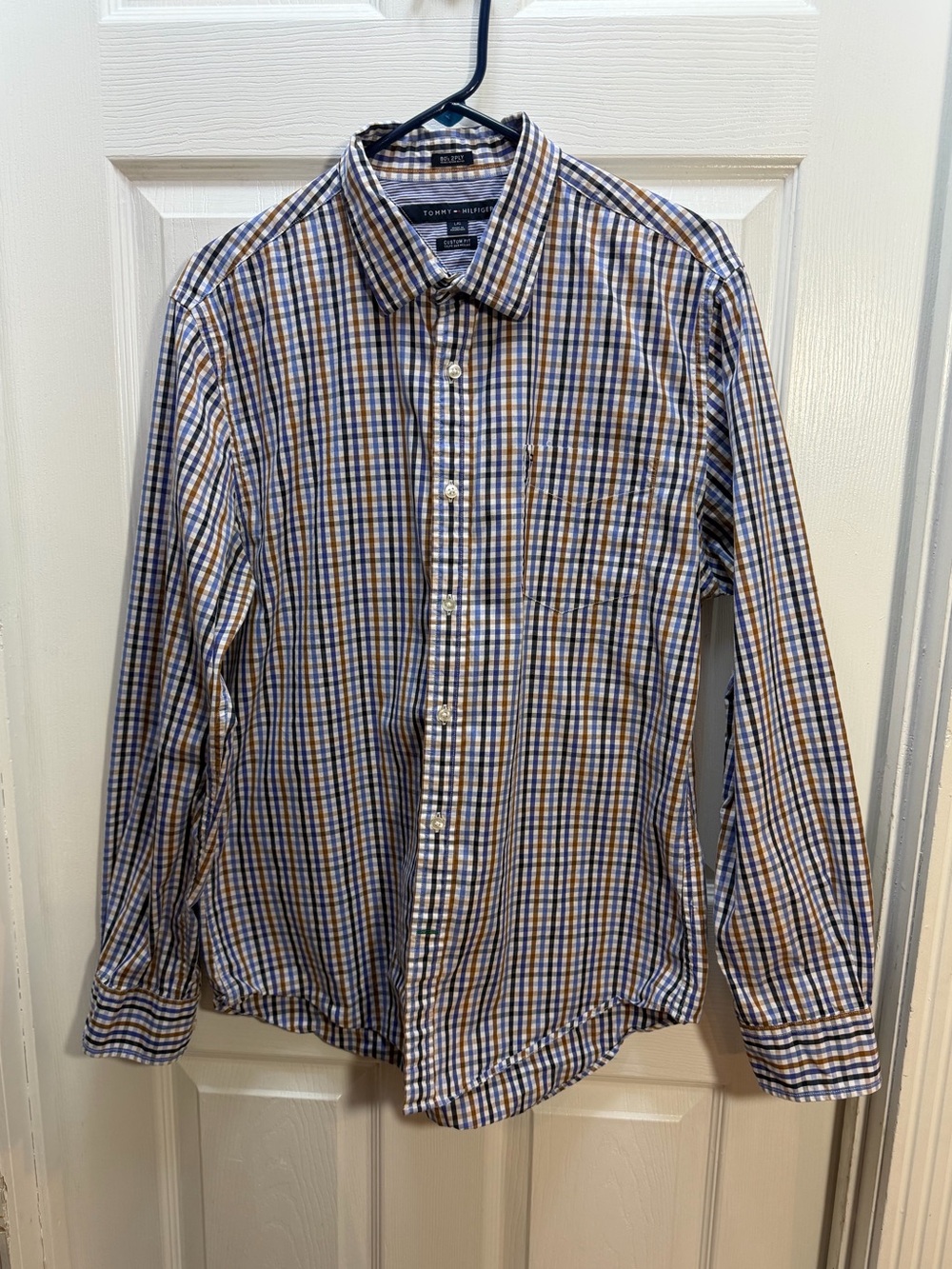 Tommy Hilfiger Men's Blue and Brown Check Button-Down Shirt